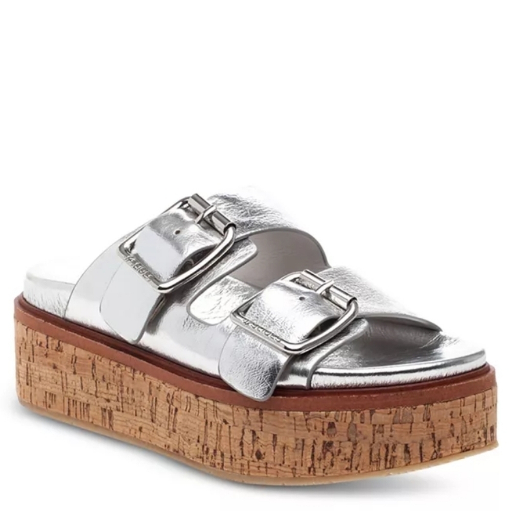 J Slides Belinda Cork Platform Sandals Silver Size 6.5